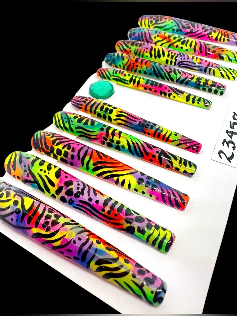 Handmade Custom Press On Nails 5X Length Coffin Shape Neons Animal Print